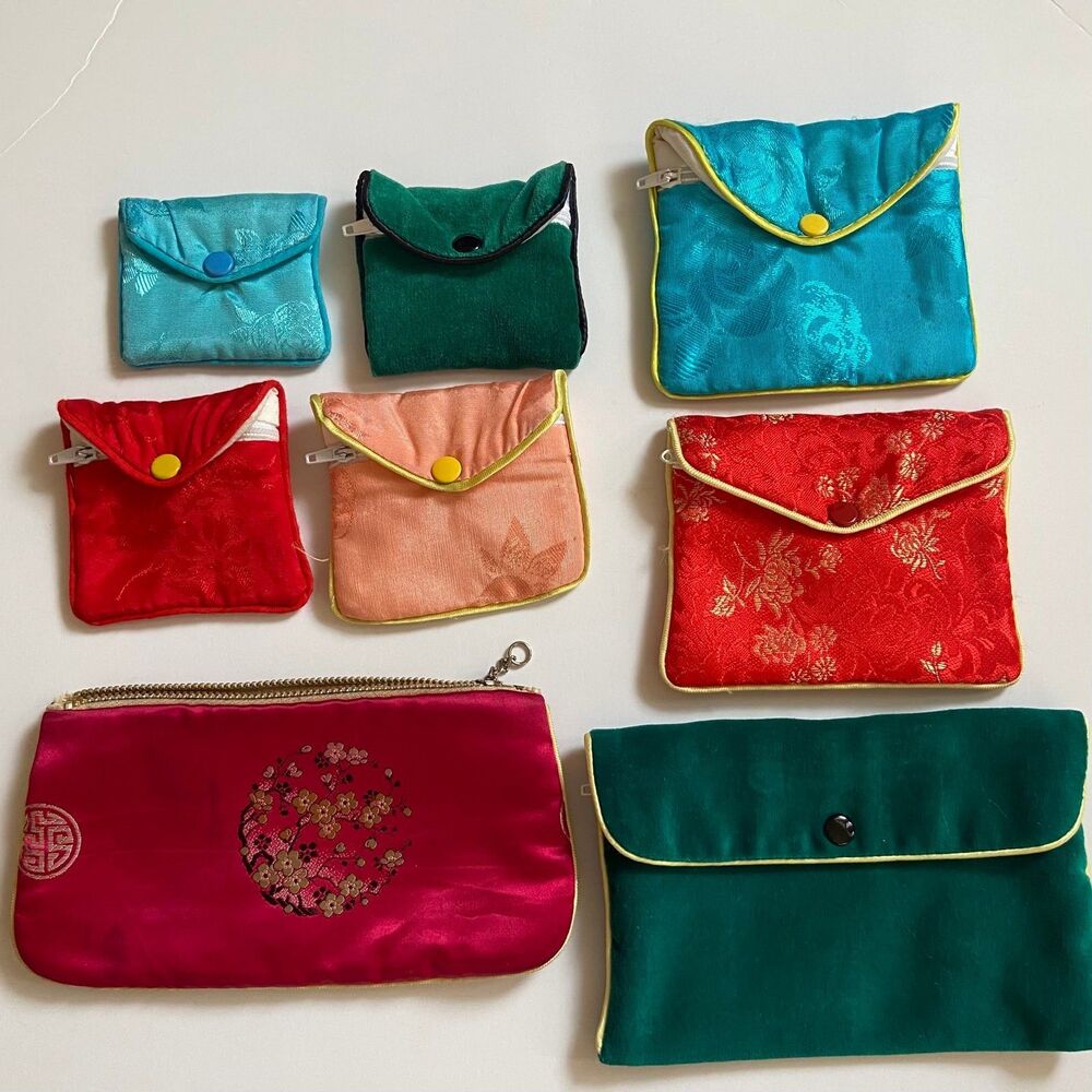 Chinese Brocade Satin Silk Embroidery Padded Coin or Jewelry Pouches